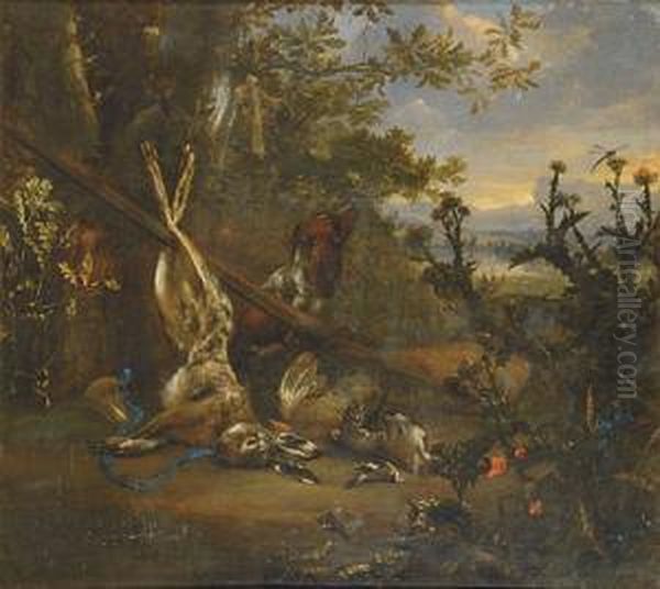 Bodegon De Caza Con Perro, Conejo Y Aves Oil Painting by Cornelis van Lelienbergh