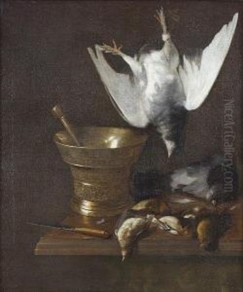 A Hanging Dove, With Dead Finches And Pigeon On A Ledge Beside A Mortar And A Knife Oil Painting by Cornelis van Lelienbergh