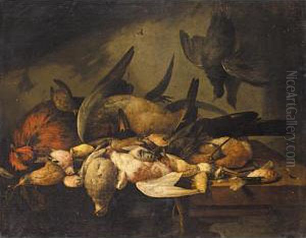 Still Life With A Cockerel, A 
Duck, A Snipe And Various Songbirds Together On A Wooden Table Oil Painting by Cornelis van Lelienbergh