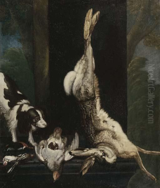 A Sporting Dog Approaching Dead Song Birds, A Pheasant And A Hareon A Stone Ledge Oil Painting by Cornelis van Lelienbergh