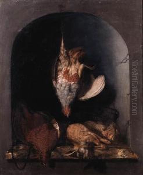 A Trompe L'oeil: A Grey 
Partridge Hanging From A String On A Nailbefore A Stone Niche With Dead 
Grouse, A Rabbit, Black Game And Ahunting Bag On A Marble Ledge Oil Painting by Cornelis van Lelienbergh