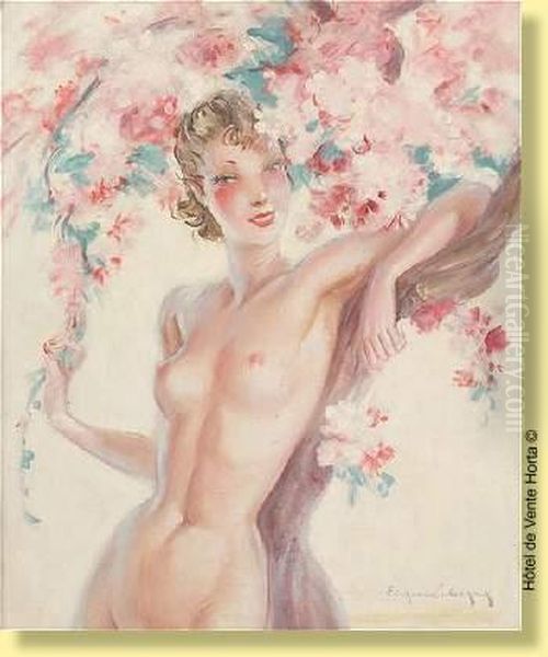 Jeune Fille Nue Aux Fleurs Oil Painting by Eugene Lelievre