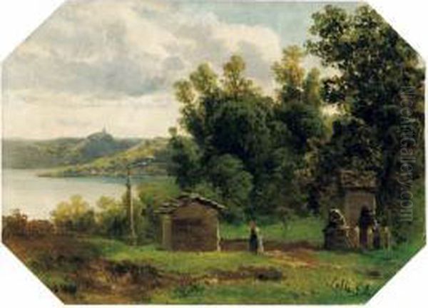 Lago D'orta, Pella E La Madonna Del Sasso - 1862 Oil Painting by Giovan Battista Lelli