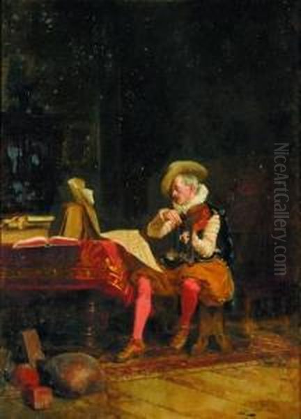 Musical Amateur Oil Painting by Alexandre Louis Leloir