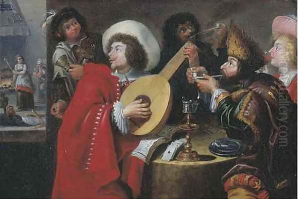 A merry company making music, smoking and drinking in an inn, a kitchen beyond Oil Painting by Jan Cossiers