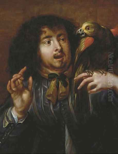 A man holding a parrot on his left hand Oil Painting by Jan Cossiers