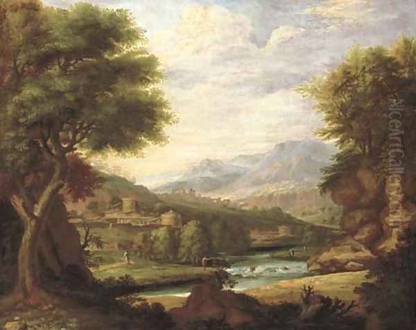 An extensive classical Italianate landscape with figures by a river, a town beyond Oil Painting by Jan Joost Von Cossiau