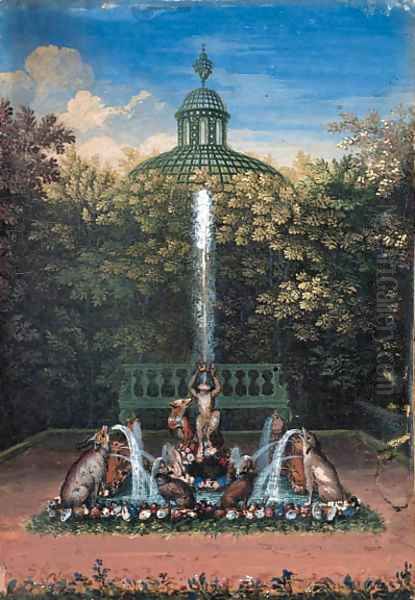 A fantastical animal fountain in the Bosquet du Labyrinthe, Chateau de Versailles Oil Painting by Jean II Cotelle