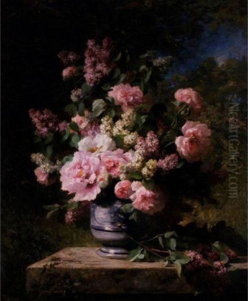 Lilacs And Peonies With A Porcelain Vase In The Garden Oil Painting by Louis Marie Lemaire