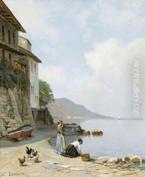 Uferpartie Am Genfersee Mit Wascherinnen Oil Painting by Lemaitre Nathanael