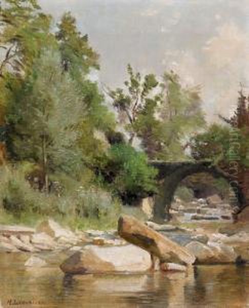 Sonnige Flusspartie Mit Felsen Und Brucke. Oil Painting by Lemaitre Nathanael