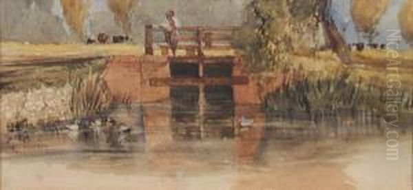 Watching The Ducks, Trowse Meadows, Norwich Oil Painting by Robert Leman