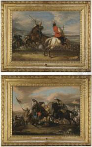 A Cavalry Battle Between Turks And Christians, A Christian Officer Shooting A Pistol;
 A Cavalry Battle Between Turks And Christians, A Turk Raising His Spear Oil Painting by Johann Philipp Lembke