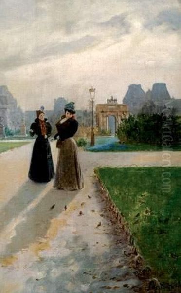 La Promenade Aux Tuileries Oil Painting by Basile Lemeunier