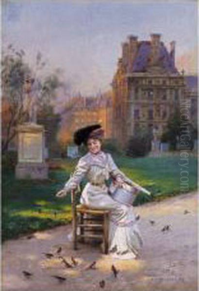 Morning In The Tuileries Oil Painting by Basile Lemeunier