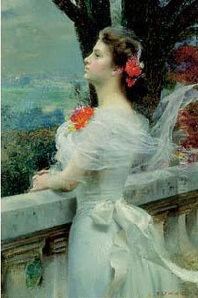 Elegante Au Balcon Oil Painting by Basile Lemeunier