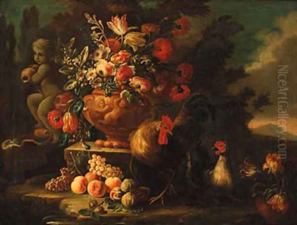 Flowers in an urn on a plinth by a fountain with chickens and fruit in a landscape Oil Painting by Nicola Casissa