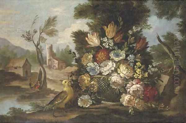 Mixed flowers in a basket in a clearing Oil Painting by Nicola Casissa