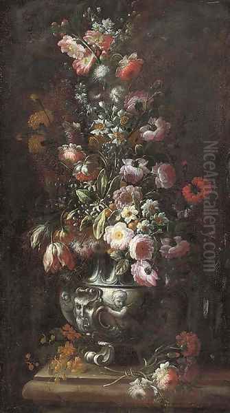 Roses, carnations, tulips, morning glory, narcissi and other flowers in a sculpted urn on a ledge Oil Painting by Nicola Casissa