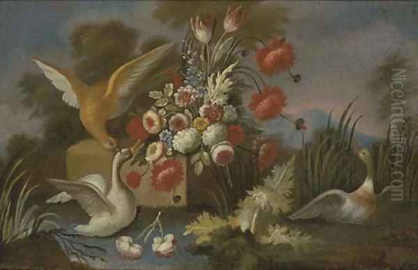 Waterfowl with roses, parrot tulips, chrysanthemums and other flowers on a ledge by a river Oil Painting by Nicola Casissa