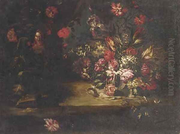 Roses, tulips and other mixed flowers on a ledge Oil Painting by Nicola Casissa