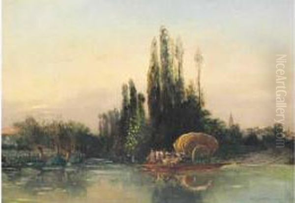 La Charrette De Foins, Au Passage Du Bac Oil Painting by Theophile Victor Emile Lemmens