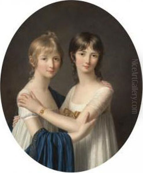 Portrait Of Two Sisters, Half Length, Wearing White Dresses Oil Painting by Marie-Victoire Lemoine