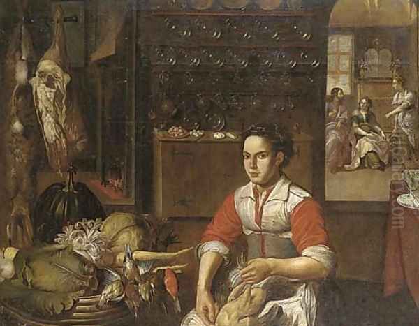 Christ in the House of Mary and Martha with a maid preparing poultry in the foreground Oil Painting by Vincenzo Campi