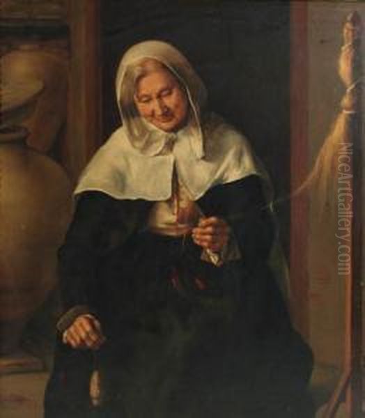 An Old Lady Carding Wool In An Interior Oil Painting by Louis And Matthew Le Nain