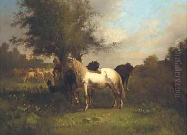 A farm girl with horses and sheep in a field Oil Painting by Antonio Cordero Cortes