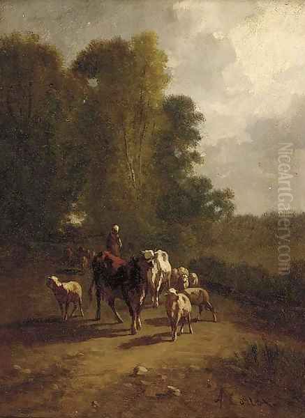 A drover with cattle and sheep on a wooded track Oil Painting by Antonio Cordero Cortes