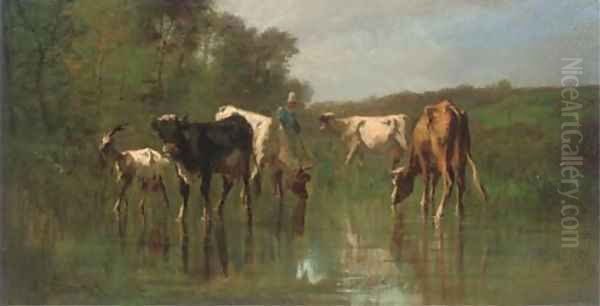 Livestock watering before woodland Oil Painting by Antonio Cordero Cortes