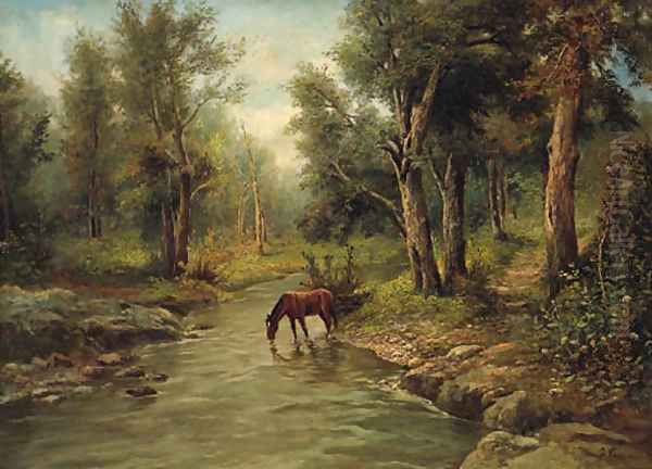 A Horse watering in a wooded River Landscape Oil Painting by Frederico Capuano