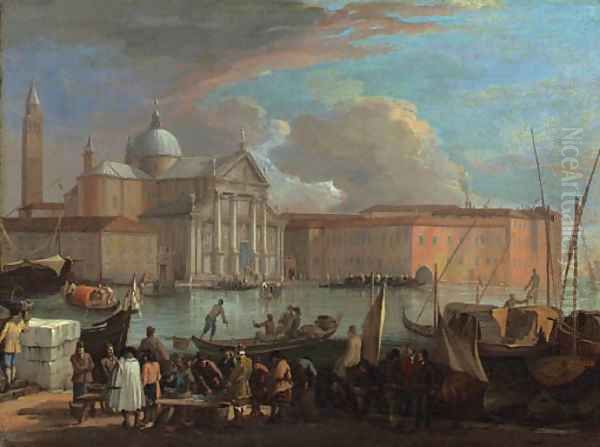 San Giorgio Maggiore, Venice, with a fish market Oil Painting by Luca Carlevarijs