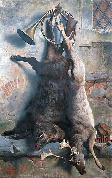 A Larder Still Life with a wild Boar and a Stag Oil Painting by Pietro Costa