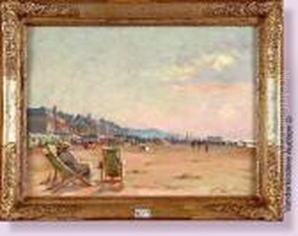 Plage Animee Oil Painting by Jules Lentrein