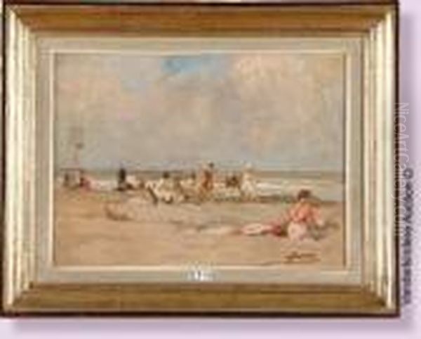 Plage Animee Oil Painting by Jules Lentrein