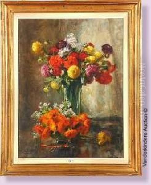 Vase De Fleurs Oil Painting by Jules Lentrein