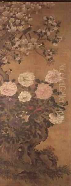 Peonies magnolia and peach blossom Oil Painting by T'ing-hsi Chiang