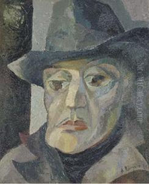 Portrait Of A Man Wearing A Hat Oil Painting by Aristarkh Vasilievic Lentulov