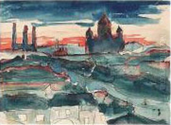 Crimson Sunset; View Of Moscow 
From The Artist's Studio Showing The Cathedral Of Christ The Saviour And
 The Moscow Electricity Station (moges) Oil Painting by Aristarkh Vasilievic Lentulov