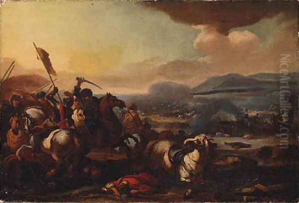 A Cavalry Battle between Turks and Christians Oil Painting by Acques (Le Bourguignon) Courtois