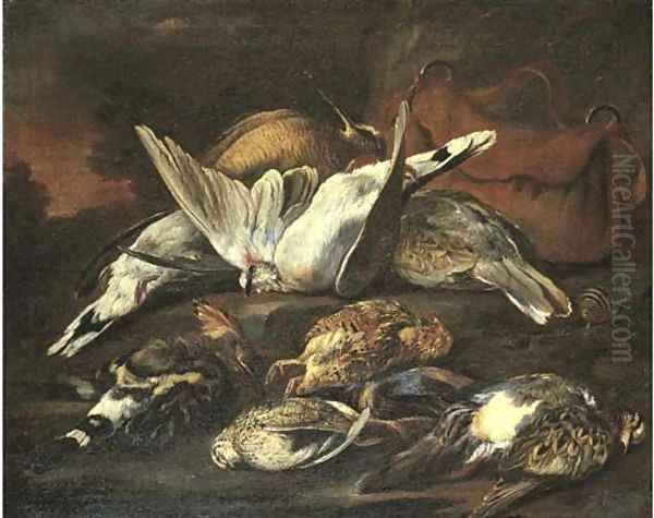 A hunting still life with dead birds Oil Painting by Baldassare De Caro