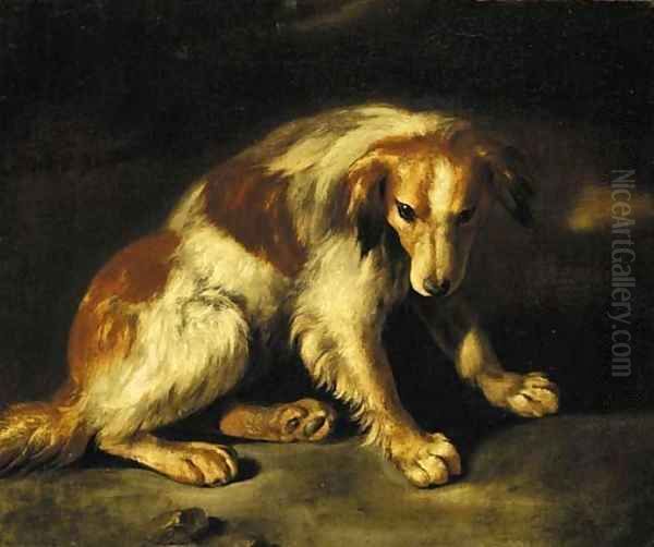 A spaniel seated in a landscape Oil Painting by Baldassare De Caro