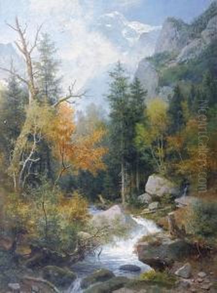 A Stream In A Wooded Landscape Oil Painting by Eduard Emil August Leonhardi