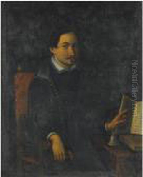 Portrait Of A Seated Man, Three Quarter Length, Wearing A Blackdoublet Oil Painting by Ottavio Leoni