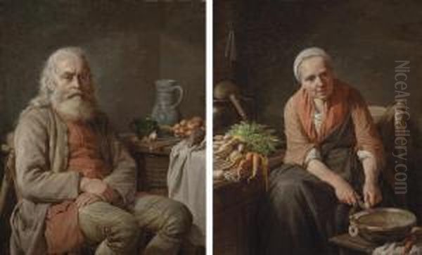 A Bearded Man Seated At A Kitchen Table; And A Woman Slicing Carrots Oil Painting by Francois-Bernard Lepicie