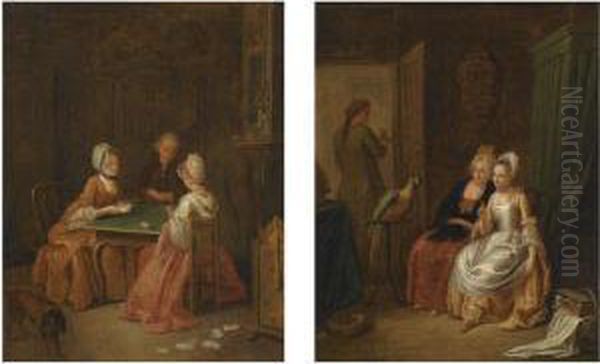 An Interior With Two Ladies And A Gentleman Playing Cards Oil Painting by Francois-Bernard Lepicie