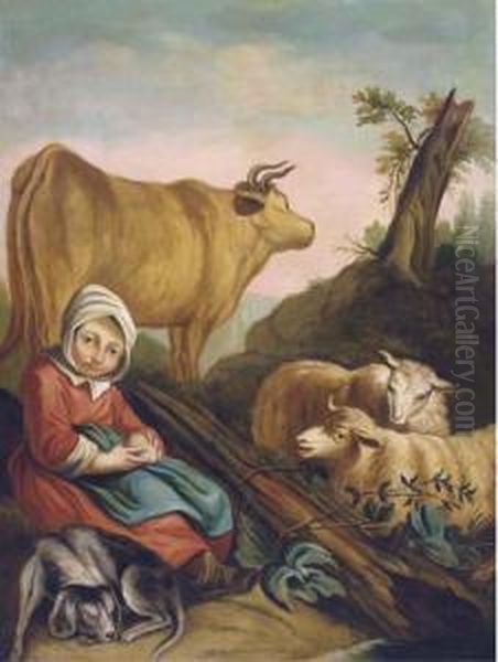 A Young Sheperdess Holding A Fruit, Two Sheeps And A Cow By A Treein A Landscape Oil Painting by Francois-Bernard Lepicie