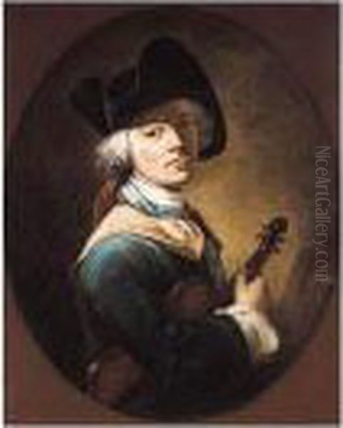 Portrait Of A Young Man Half-length, Wearing A Tricorn Hat, Holding A Violin Oil Painting by Francois-Bernard Lepicie